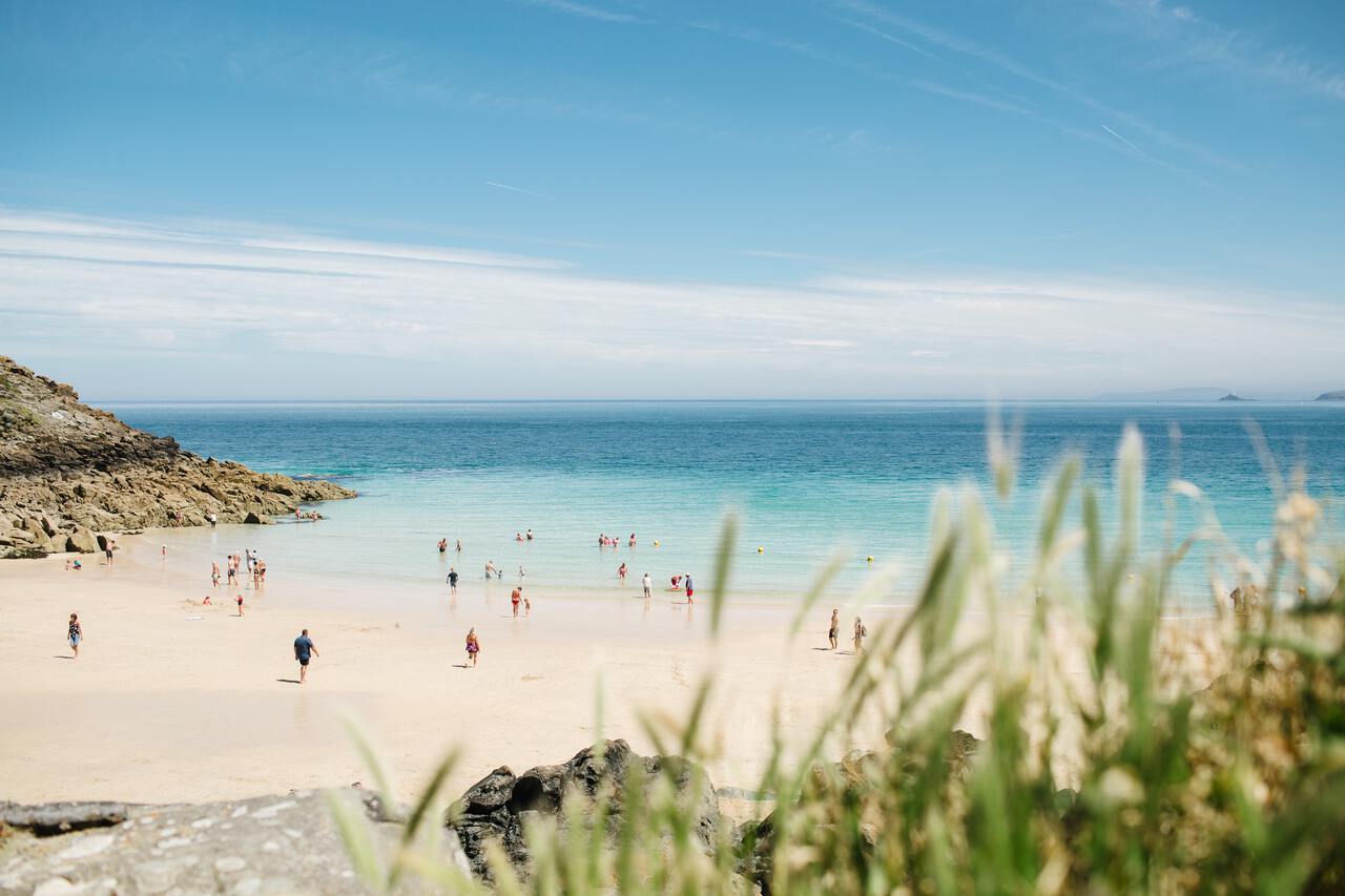 A seaside view of the Tolcarne beach in May