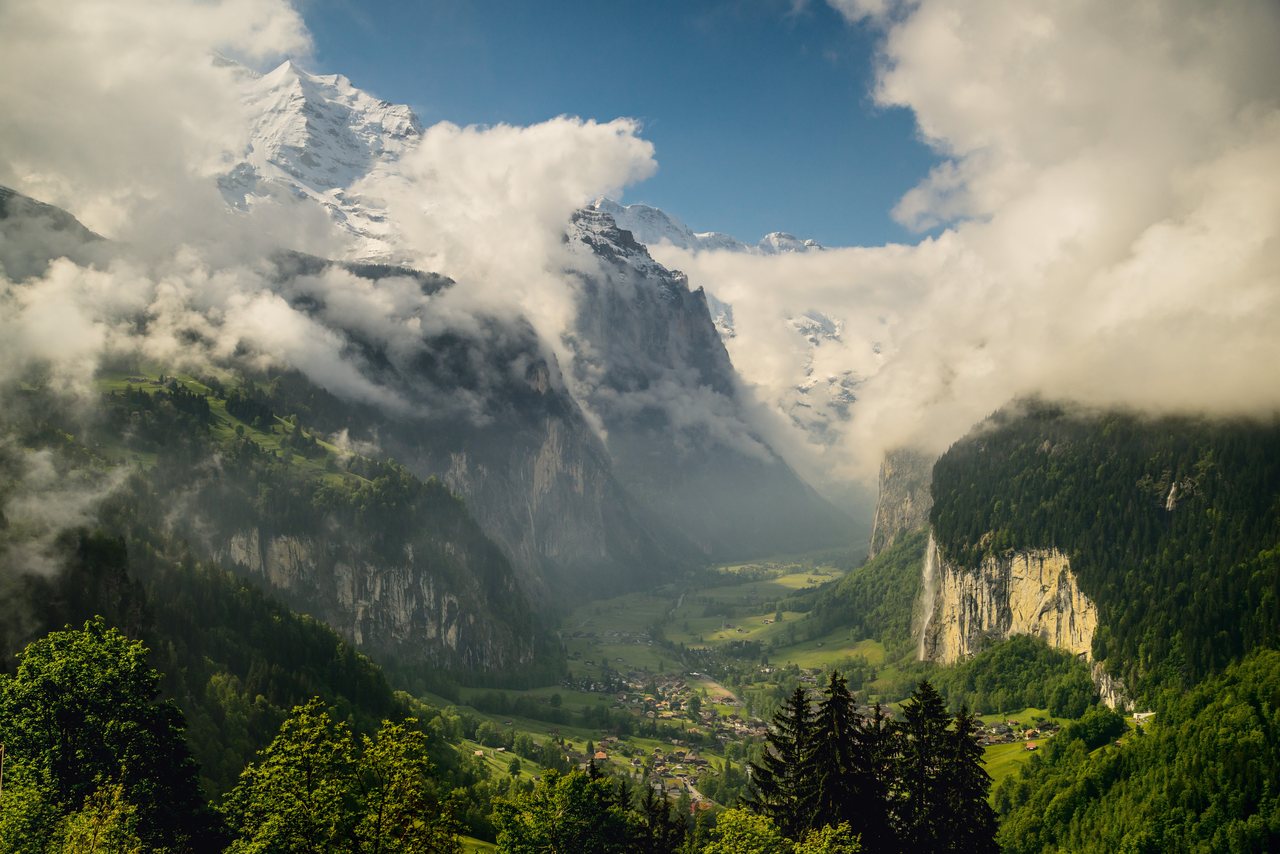 Lauterbrunnen is situated in one of the most impressive trough valleys of the Alps, between gigantic rockfaces and summits. On the right the Staubbach falls.c. Switzerland Tourism